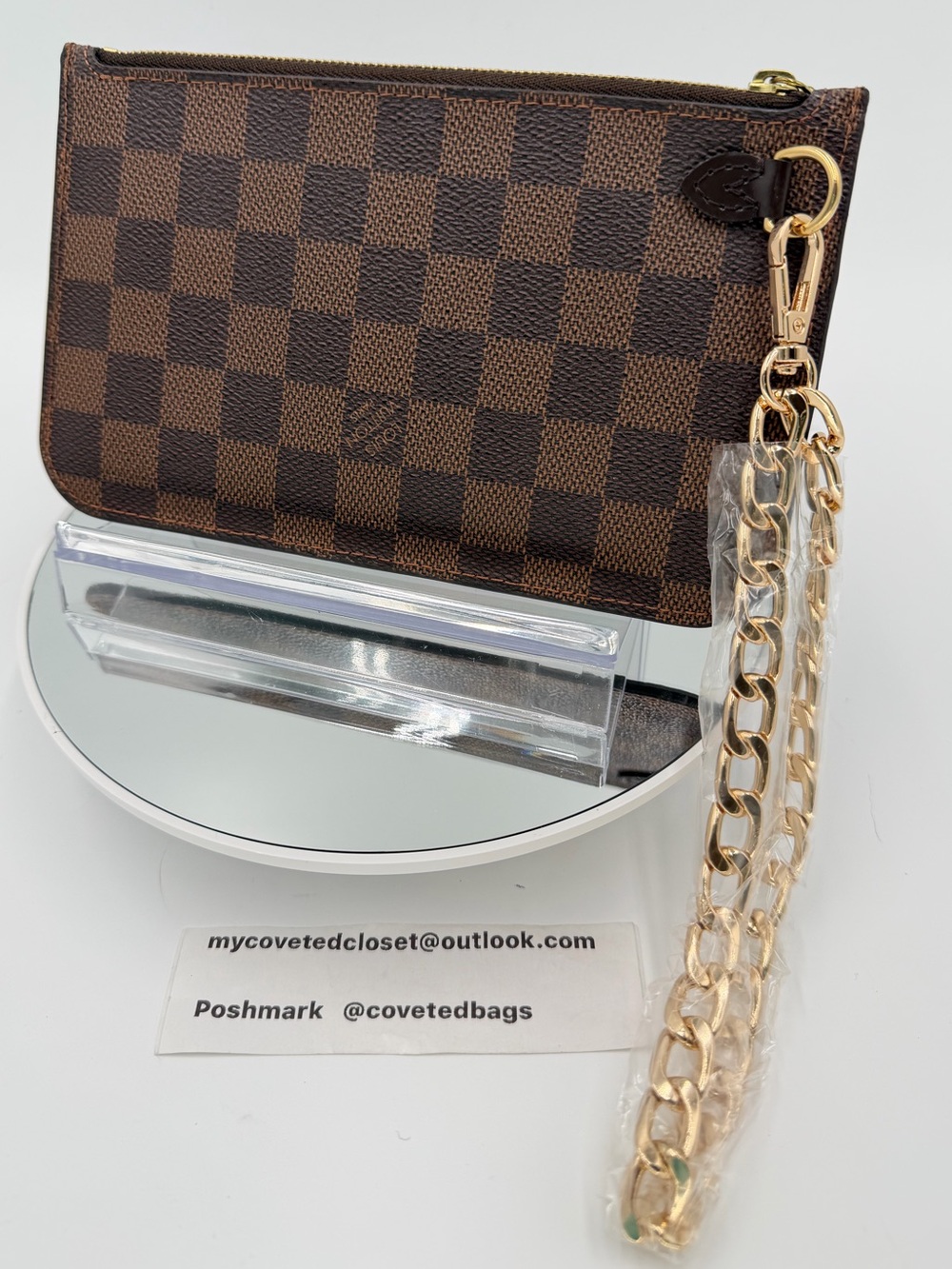 Authentic Louis Vuitton Neverfull Pouch PM Damier Ebene w/Red Interior Excellent
